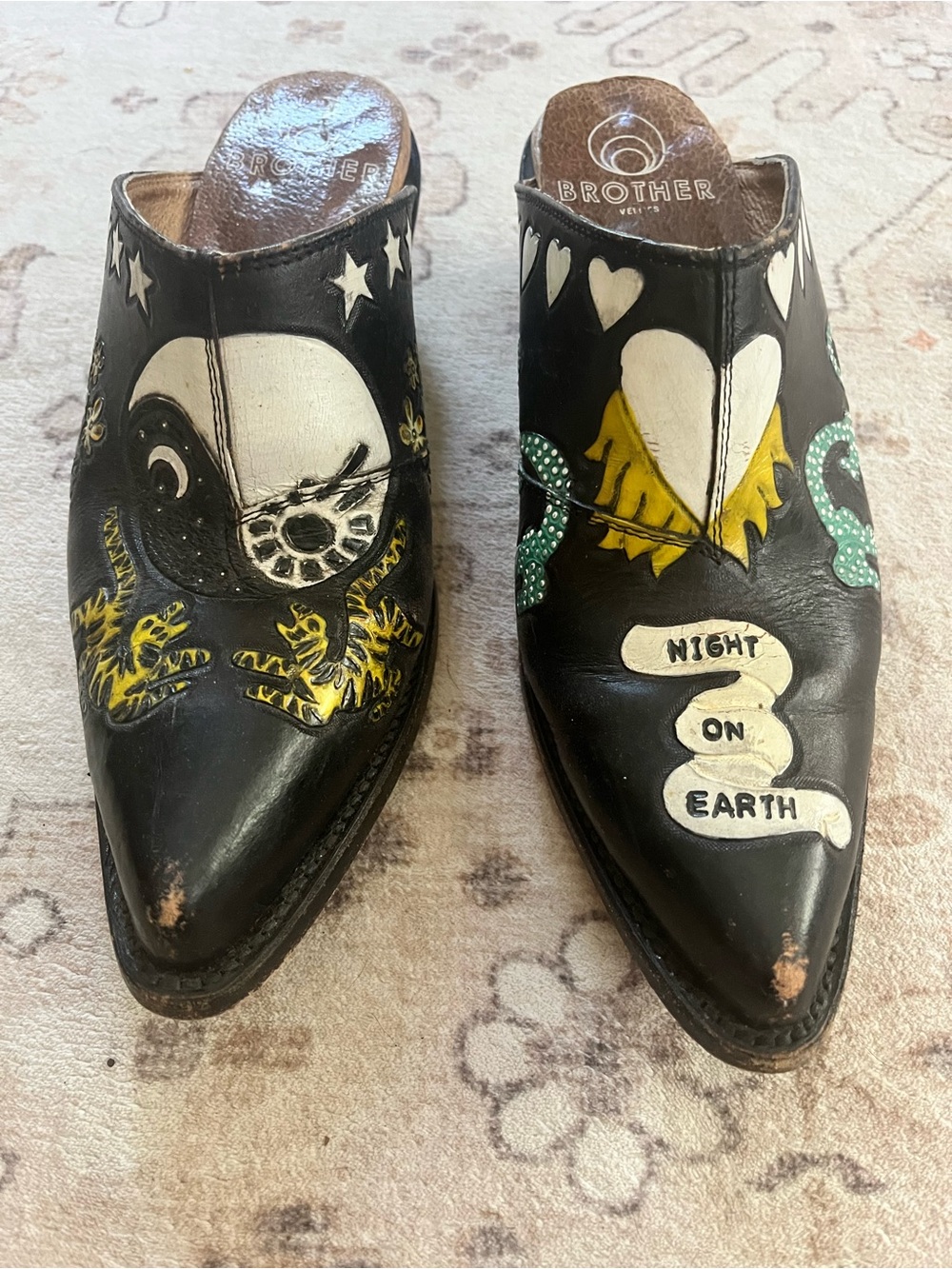Brother Vellies Black yin yang doodle Leather Hand-Painted Mules